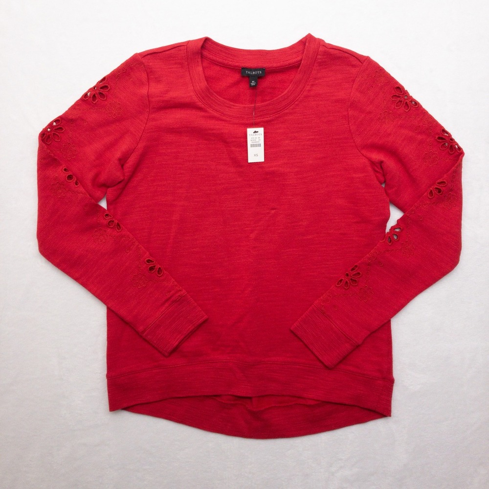 Talbots Sweatshirt Womens XS Red Floral Eyelet Sleeve 100% Cotton Relaxed New